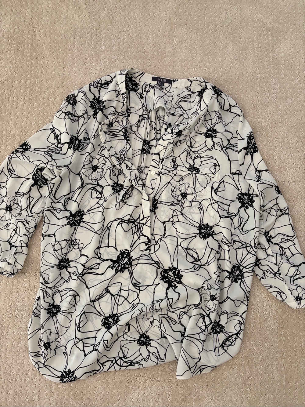 NYDJ Black and White Floral V-Neck Blouse